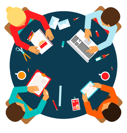A graphic of an overhead view of 4 people sitting at a round table