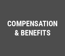 Gray Square with white text reading compensation and benefits