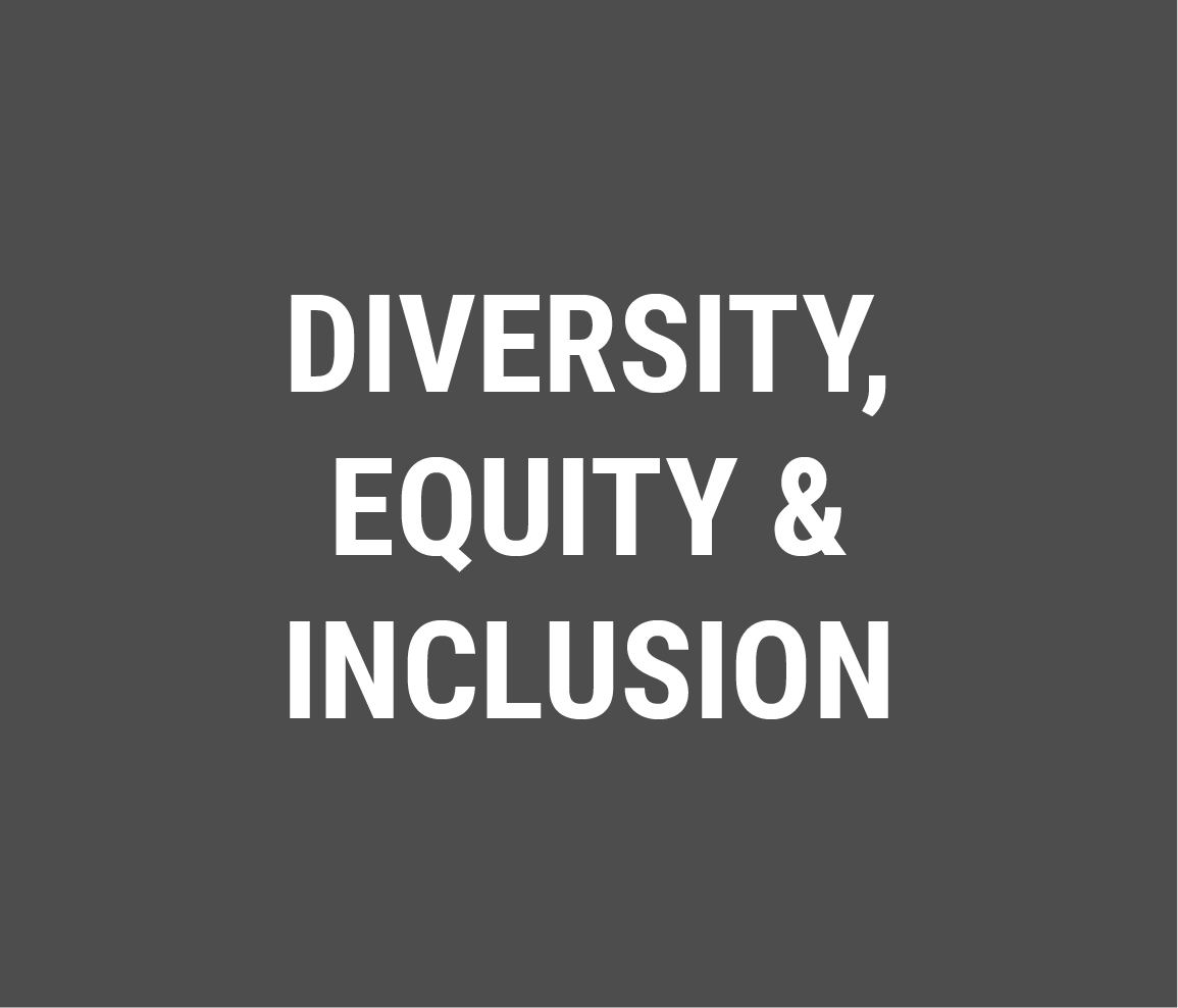 Gray Square with white text reading diversity equity and inclusion