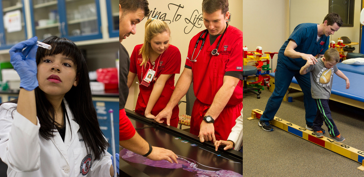 TTUHSC students in lab, research and working with patients.