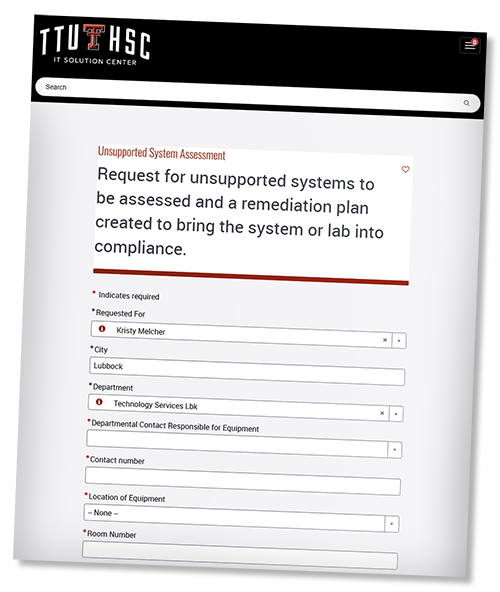 Unsupported Device/Equipment Assessment Image of the internet form to request an unsupported device or equipment assessment