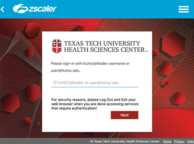 Log-in Window Screenshot of a login-window for TTUHSC that is requiring users to login with their eRaider username.