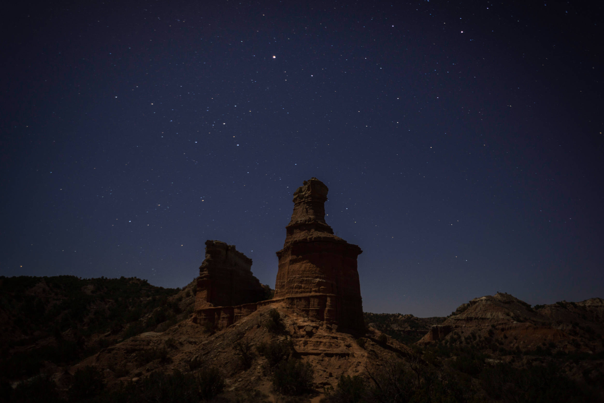 nighttime picture of the Caprock Canyons with a starry sky