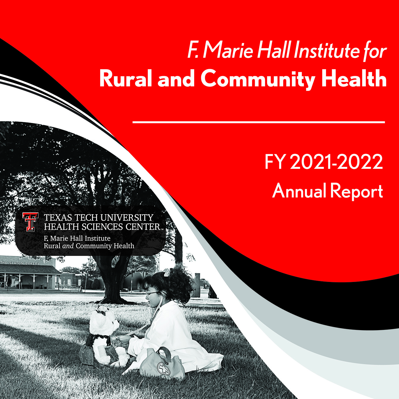 cover of 2022 F. Marie Hall Institute for Rural and Community Health. A man, woman, and child sitting on a dock next to river