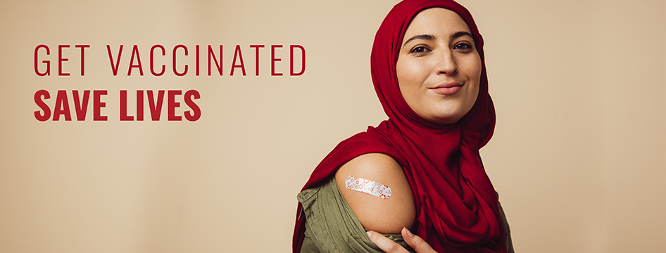 woman vaccinated with the words get vaccinated, save lives