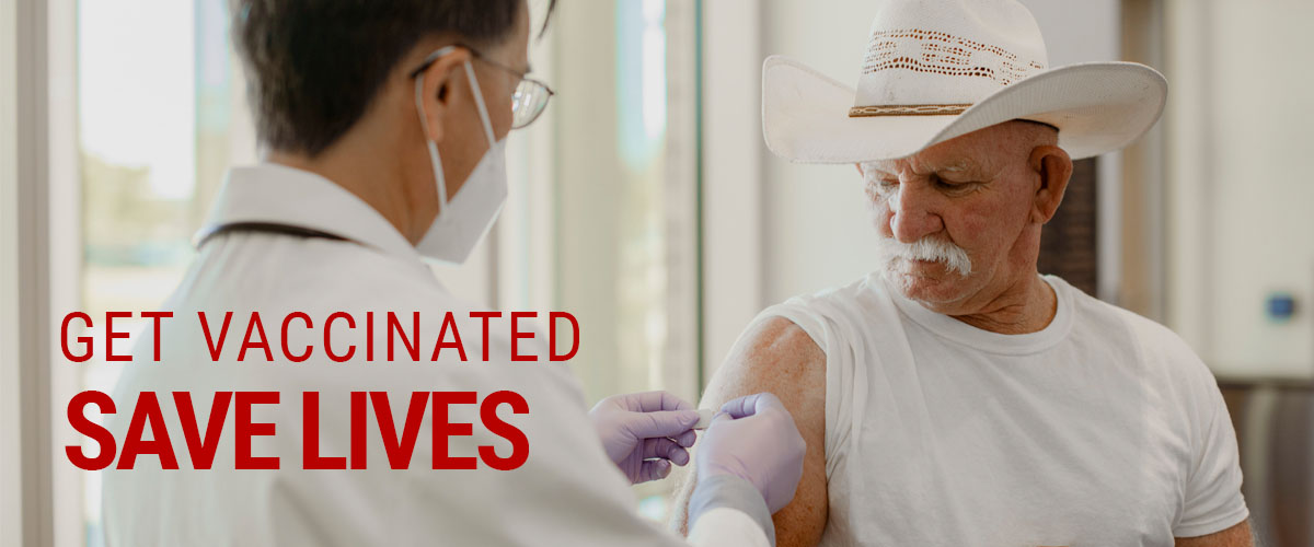 man vaccinated with the words get vaccinated, save lives
