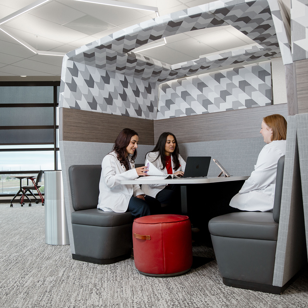 TTUHSC Lubbock School of Medicine students studying together in a library pod.