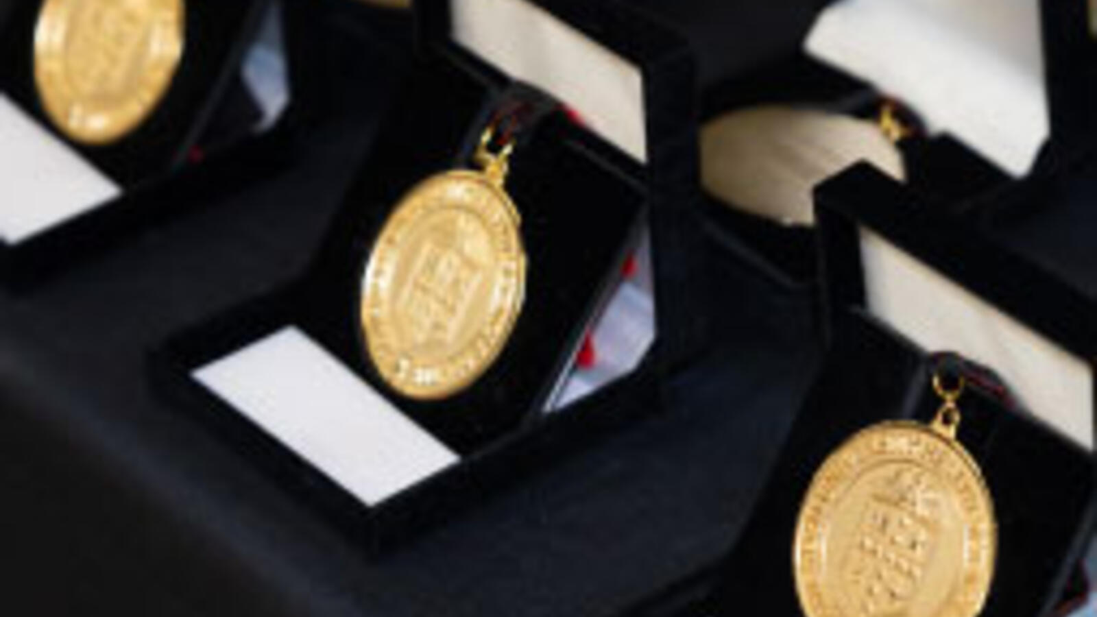 Several award medallions sit on a table.