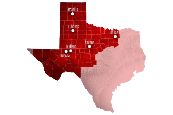 Map of Texas highlighting the Texas Tech University Health Sciences Center (TTUHSC) service area in bright red. White markers indicate campus locations across the region: Amarillo, Lubbock, Midland, Odessa, Abilene, and Dallas.