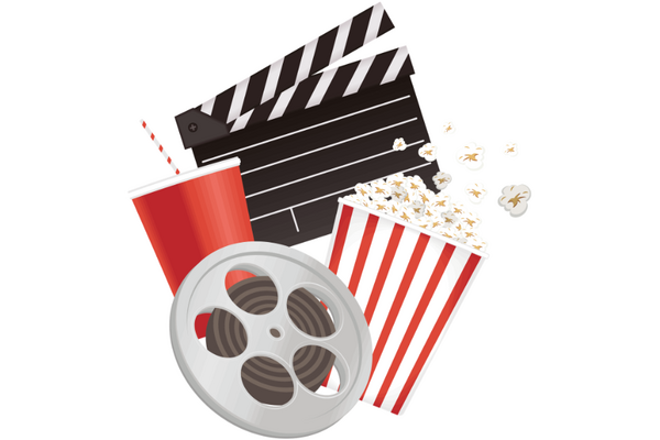 A black movie real with a red and white popcorn bucket.