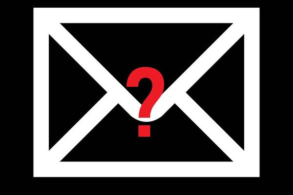 A square icon with a black background featuring a white envelope outline and a prominent red question mark in the center.