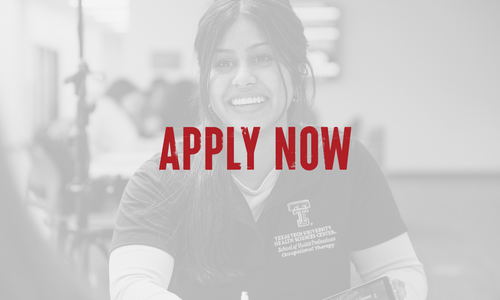 A black and white image of a woman wearing scrubs smiling with red text overlayed saying Apply Now.
