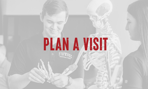 A black and white image of a man holding a skeletons hand with red words over it reading Plan A Visit.