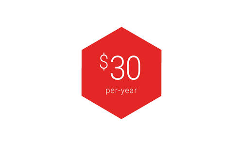 Red hexagonal graphic featuring white text that reads "$30 per year."
