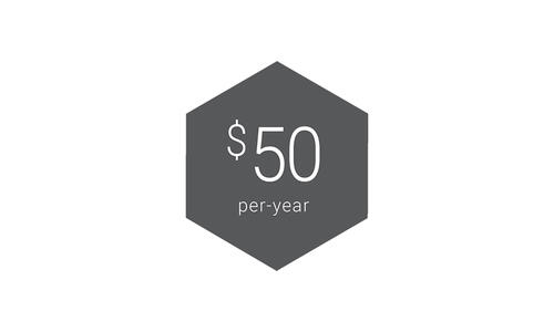 Gray hexagonal graphic featuring white text that reads "$50 per year."