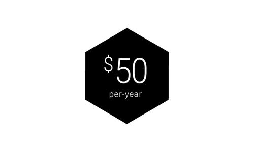 Black hexagonal graphic featuring white text that reads "$50 per year."