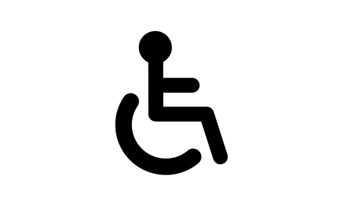 A person in a wheelchair in an all black icon.