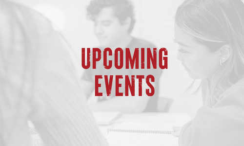 A black and white image of people sitting with red text in the middle saying Upcoming Events