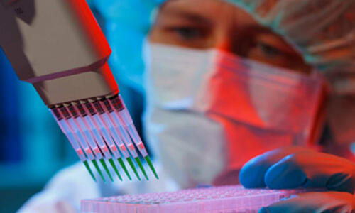 Laboratory researcher using a multichannel pipette to transfer samples into a microplate while wearing gloves, a face mask and a protective hair covering.