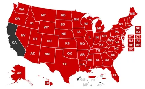 A map of the United States highlighting the states that are members of NC-SARA (National Council for State Authorization Reciprocity Agreements). Nearly all states, along with several territories, are filled in with a solid dark red color to indicate participation, while a few select states or areas remain dark indicating non-membership.