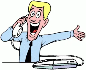 A man with yellow hair and a blue shirt with black tie on the phone.