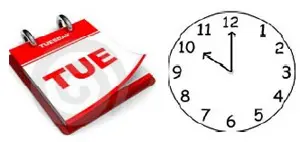 A red calendar that says Tue and a white block with black arms.