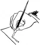 A person writing with a black pen on a white paper.