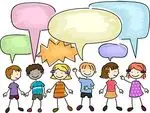 A group of people wearing bright colored closing with thought bubbles above there heads.