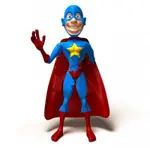 A superhero wearing a blue suit and red cape.