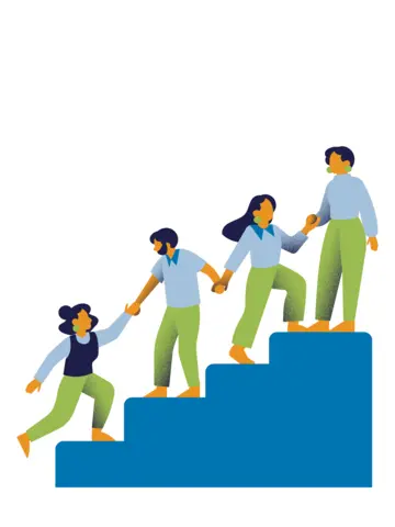 People in light blue shirts and green pants walking up blue stairs.