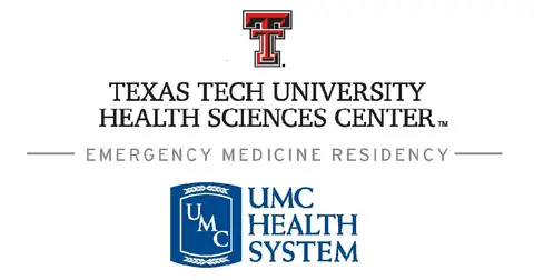 Graphic featuring the Texas Tech University double T logo at the top, followed by the text "Texas Tech University Health Sciences Center Emergency Medicine Residency" in black and gray lettering. Below it is the blue logo for UMC Health System.