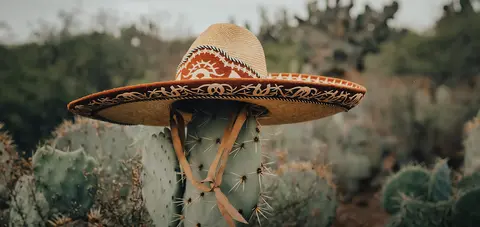 Cactus wearing a decorative sombrero in a West Texas landscape.