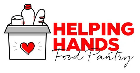 Helping Hands Food Pantry logo, a box with a heart on in and several donated items inside