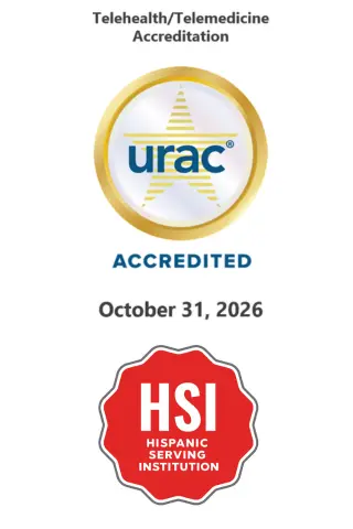 Accreditation seals featuring the URAC logo with a gold circular border and the HSI logo in a red square.