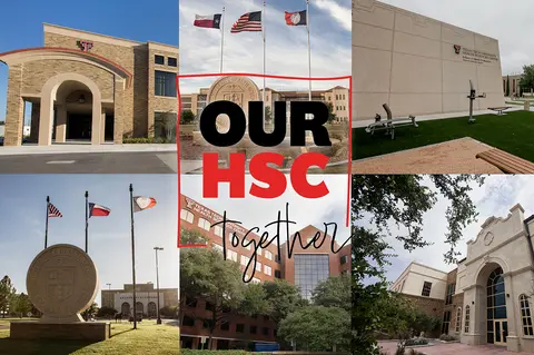 Collage of TTUHSC campus buildings with the OurHSC Together logo centered over images of multiple university locations.