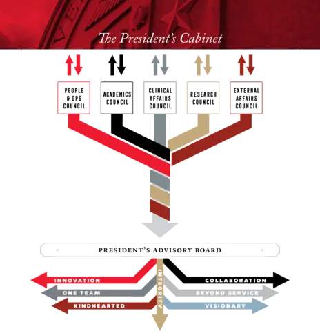 Flowchart illustrating the TTUHSC President's Cabinet organizational structure. Four cabinet leadership positions feed into the President's Cabinet, which then flows to the President's Advisory Board. From the Advisory Board, arrows branch into TTUHSC's institutional values and priorities: Innovation, One Team, Kindhearted, Integrity, Collaboration, Beyond Service, and Visionary, representing how executive leadership guides and supports the university's mission and culture.