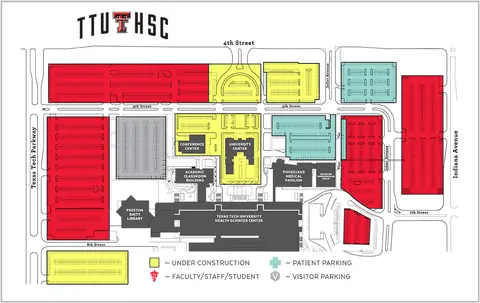 Map of the TTUHSC Lubbock campus showing buildings, surrounding streets, construction areas and designated patient, visitor, and faculty, staff and student parking.
