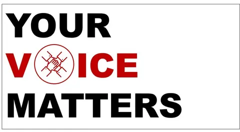 Graphic reading “Your Voice Matters,” with a red circle containing an illustration of hands joining together.