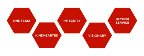 six hexagons with the values: One Team, Kindhearted, Integrity, Visionary, Beyond Service