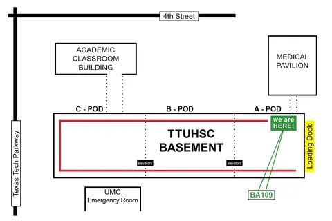 A floor plan map of the TTUHSC Basement showing pod divisions (A, B, and C), elevator locations, connecting corridors, and room BA109 marked with a green "we are HERE!" indicator near the Loading Dock.