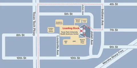 A campus map for Texas Tech University Health Sciences Center showing surrounding streets and driving routes to the Loading Dock, marked with red dashed lines and arrows.