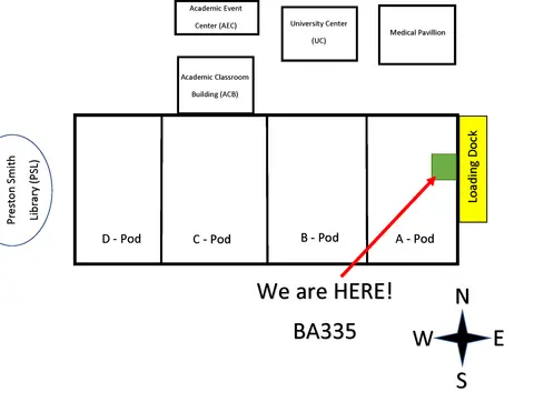 A floor plan schematic showing building pods A through D, adjacent facilities, and a red arrow pointing to a green-highlighted room BA335 in A-Pod labeled "We are HERE!"