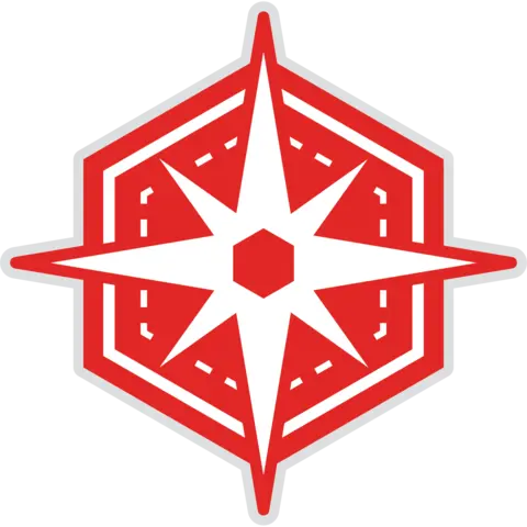A red-and-white compass rose emblem centered within a red hexagonal outline, accented with white interior lines and a light gray outer border.