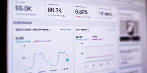 Digital analytics dashboard displaying user activity, traffic metrics and line graphs.