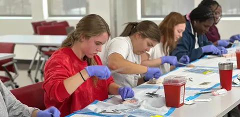 Medical students participate in a hands-on anatomy learning session at the TTUHSC School of Medicine.