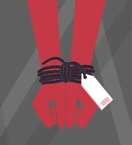 Illustration of bound hands with a barcode tag representing human trafficking.