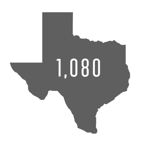 Outline of Texas displaying the number 1,080.