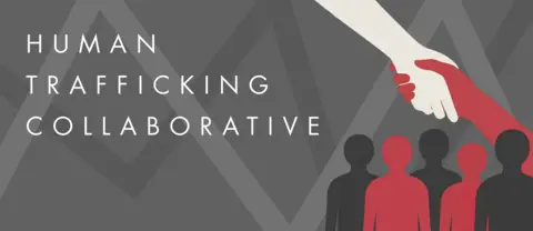 Human Trafficking Collaborative illustration showing one hand pulling another above a group of silhouetted people.