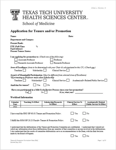 Screenshot example of the first page of the Application for Tenure and/or Promotion report.