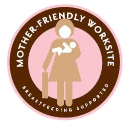 Mother-Friendly Workplace logo featuring a figure holding an infant, with the text “Mother-Friendly Worksite” and “Breastfeeding Supported” around a circular emblem.